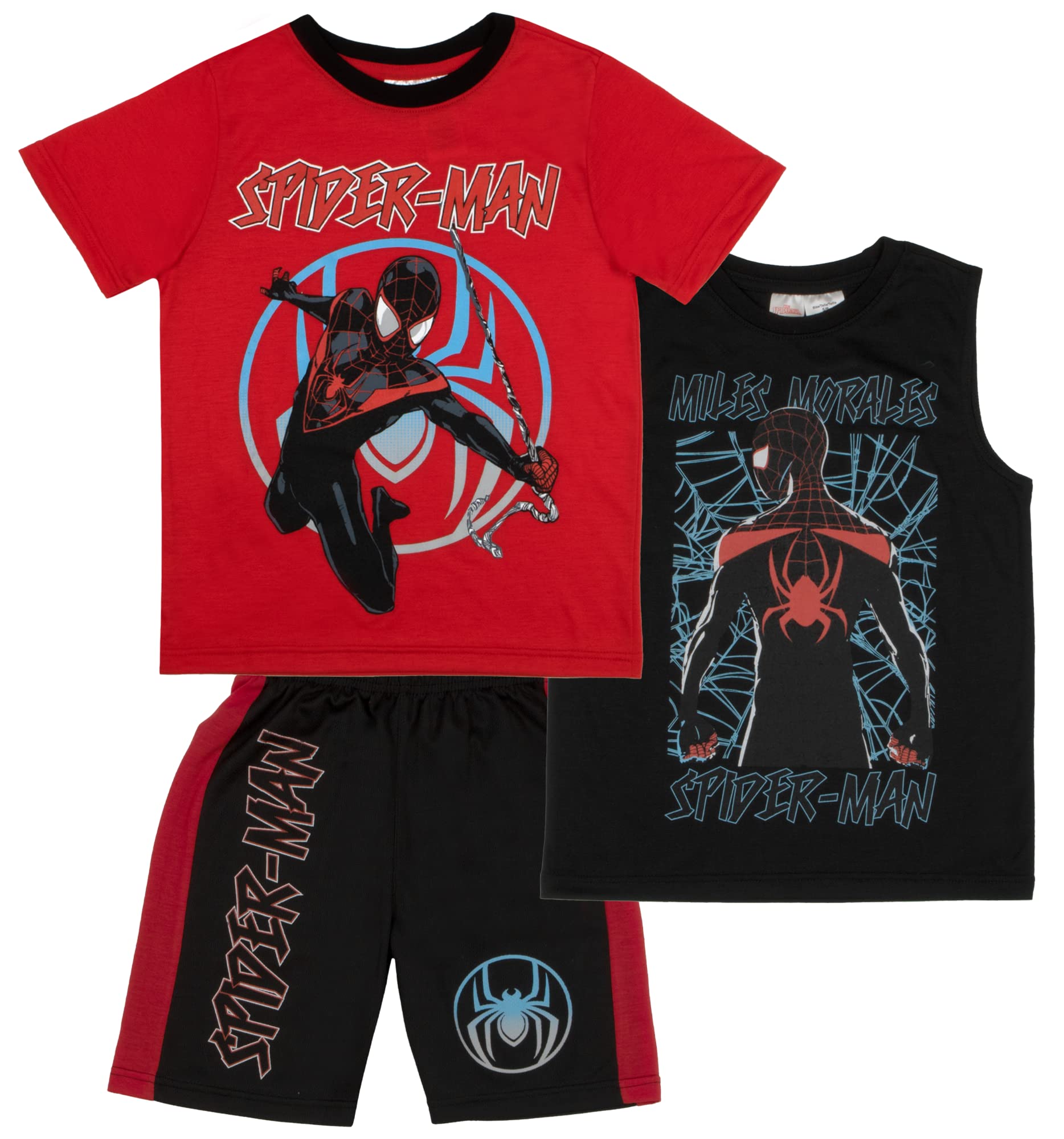 Marvel Avengers Spider-Man Black Panther Miles Morales Boys Superhero Short Sleeve T-Shirt, Tank Top and Mesh Shorts Set